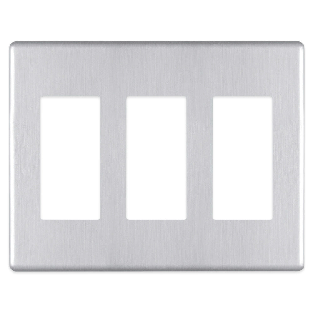 Siena Screwless Satin Chrome Triple Dimmer Wallplate – Modern, screw-free wall plate with a durable satin chrome finish.