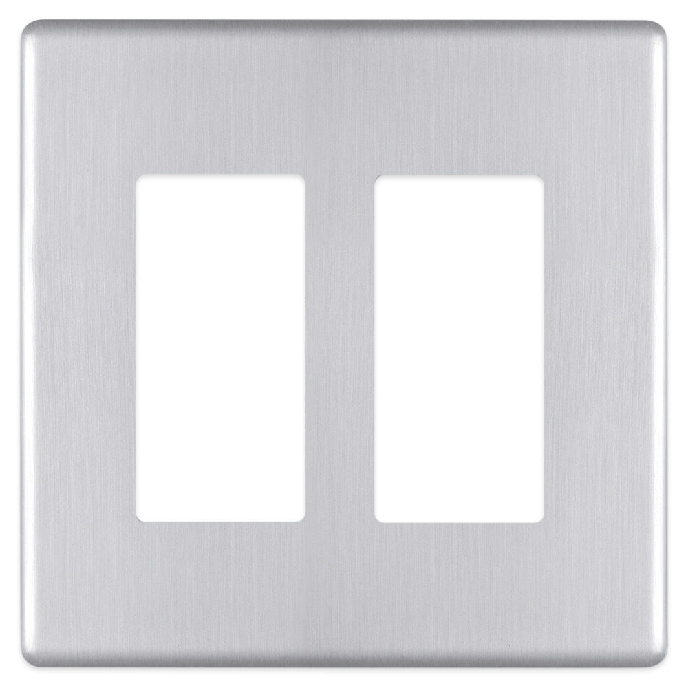 Siena Screwless Satin Chrome Double Dimmer Wallplate – Modern, screw-free wall plate with a durable satin chrome finish.