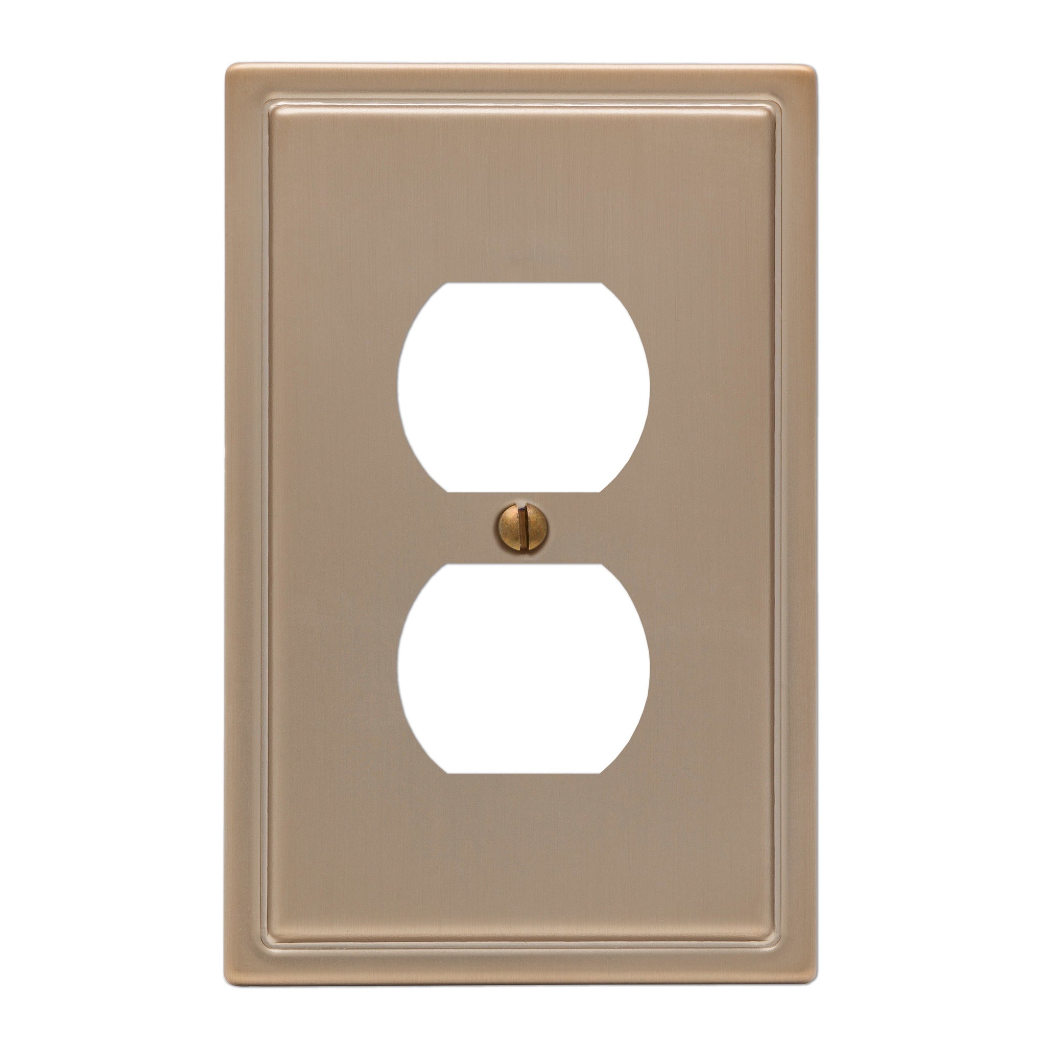Moderne brushed bronze outlet wallplate with a unique, art deco-inspired design, featuring sleek lines and a warm, sophisticated finish.