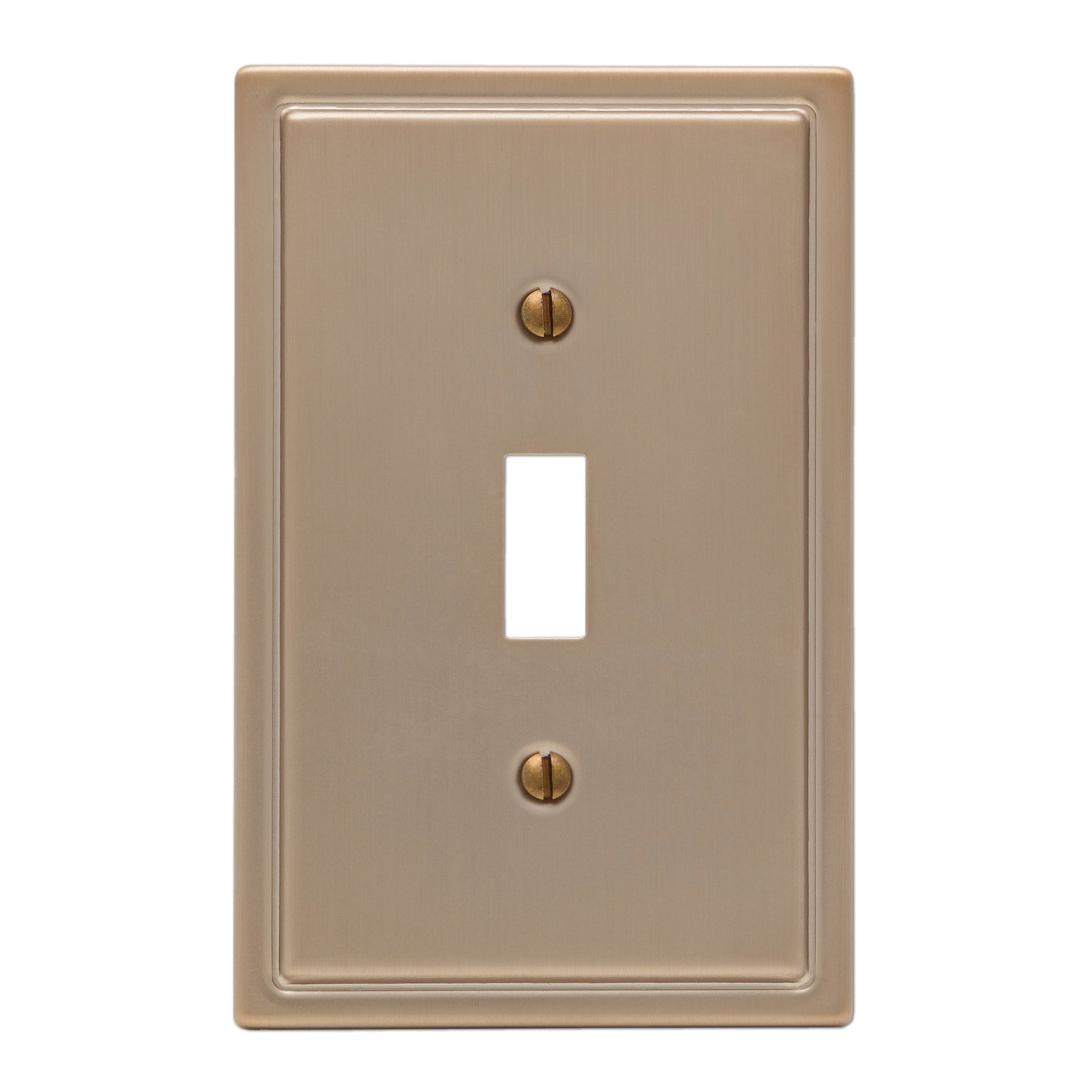 Moderne brushed bronze light switch cover with a unique, art deco-inspired design, featuring sleek lines and a warm, sophisticated finish.