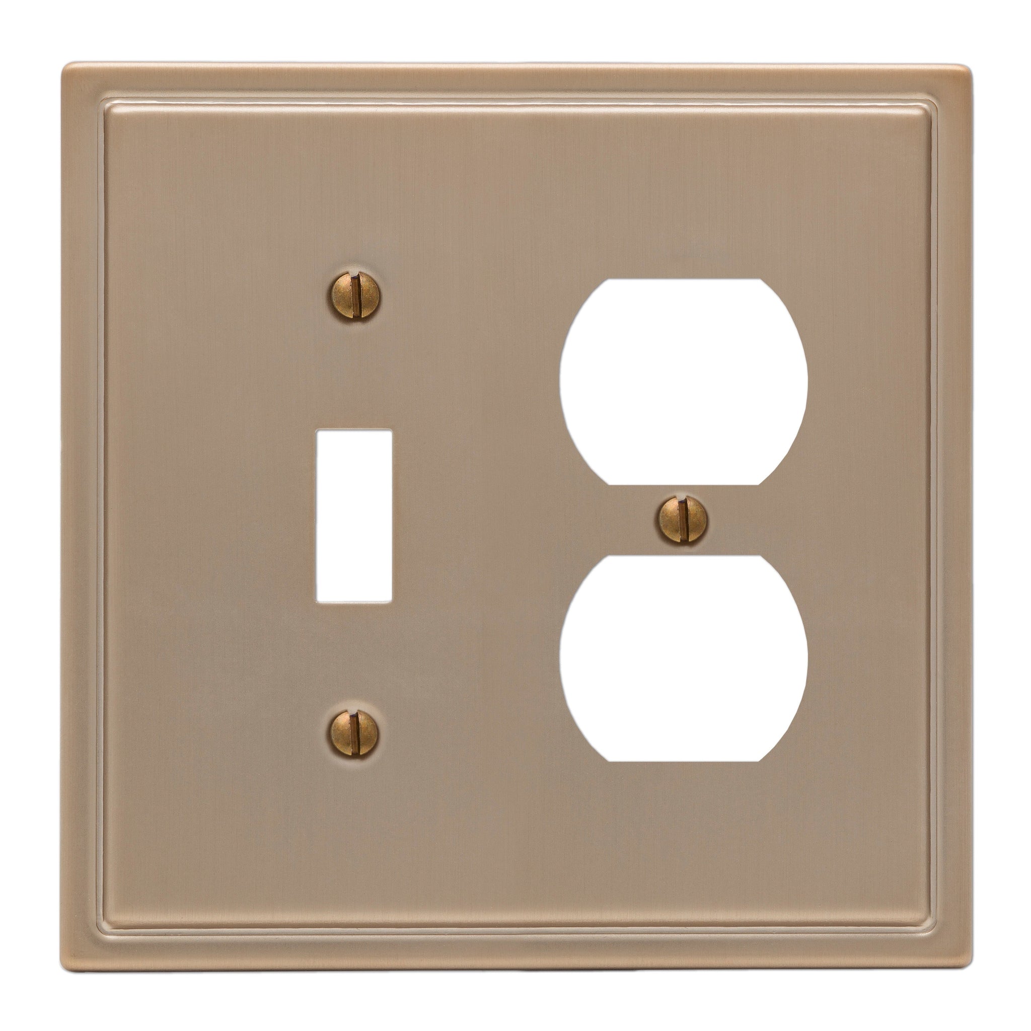 Moderne brushed bronze light switch and outlet wallplate with a unique, art deco-inspired design, featuring sleek lines and a warm, sophisticated finish.