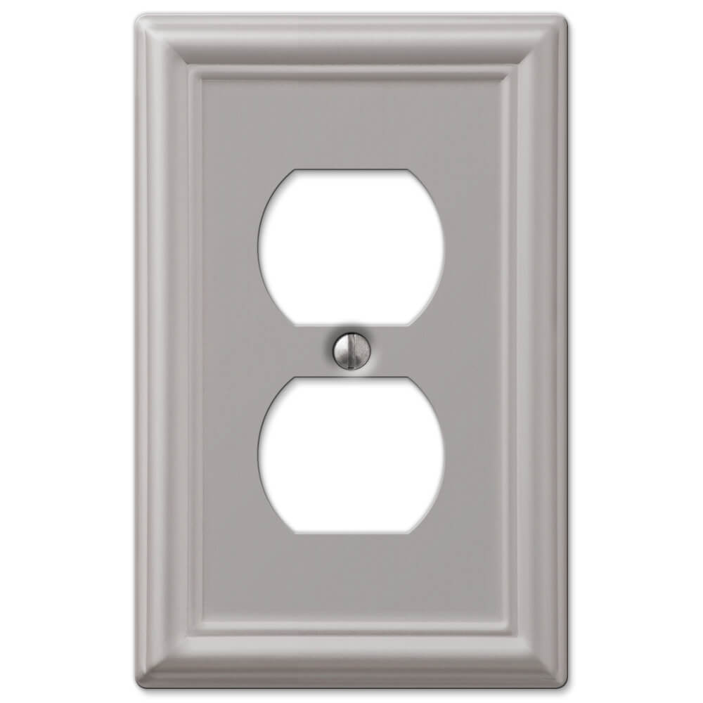 outlet wallplate with a brushed nickel finish, featuring a sleek, soft silver tone with a subtle matte sheen. The brushed texture adds a modern and sophisticated touch to any space, making it a versatile choice for both contemporary and classic decor styles