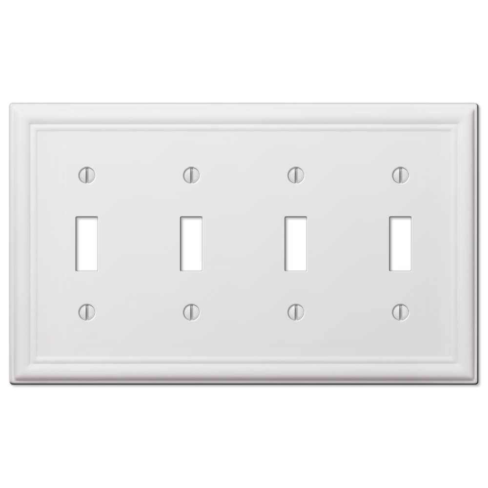 White Chelsea quadruple light switch wallplate featuring a crisp, smooth finish with a classic, raised border design. This elegant wallplate adds a refined and timeless touch to any room, seamlessly blending with various decor styles while providing a clean and polished look