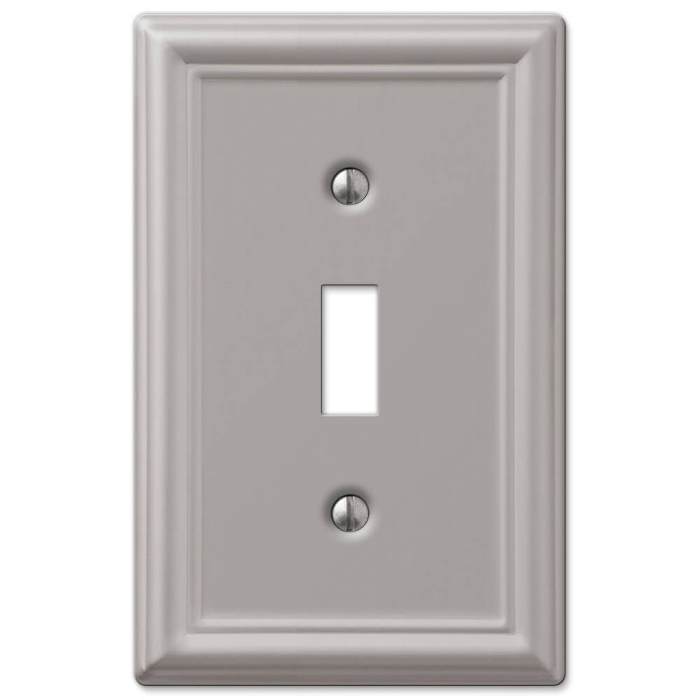 light switch cover with a brushed nickel finish, featuring a sleek, soft silver tone with a subtle matte sheen. The brushed texture adds a modern and sophisticated touch to any space, making it a versatile choice for both contemporary and classic decor styles