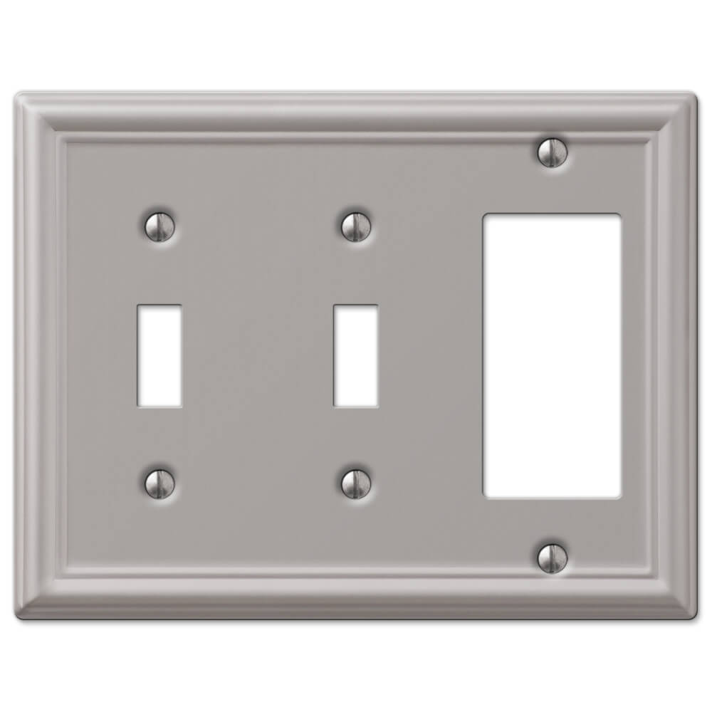 double light switch dimmer wallplate with a brushed nickel finish, featuring a sleek, soft silver tone with a subtle matte sheen. The brushed texture adds a modern and sophisticated touch to any space, making it a versatile choice for both contemporary and classic decor styles