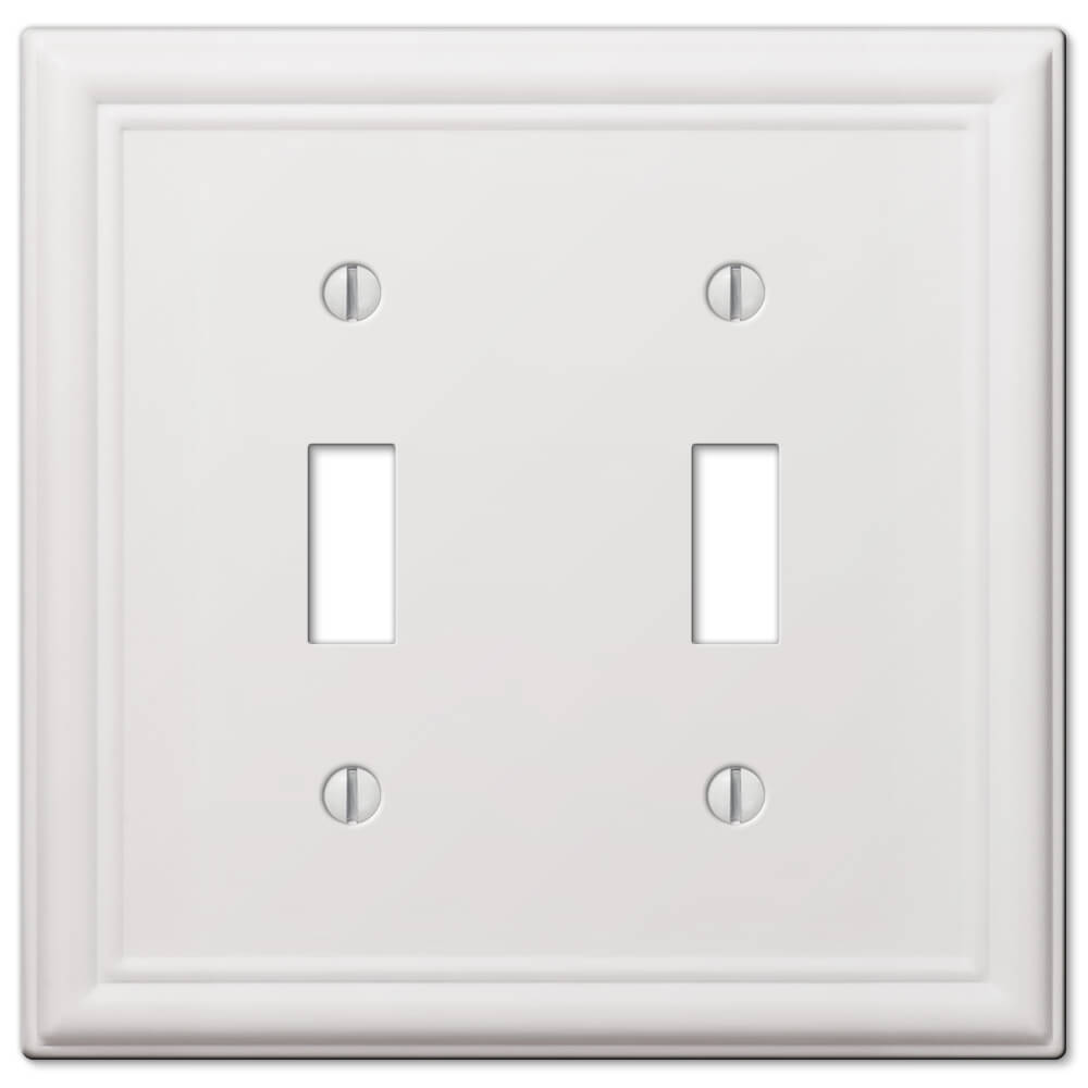 White Chelsea double light switch wallplate featuring a crisp, smooth finish with a classic, raised border design. This elegant wallplate adds a refined and timeless touch to any room, seamlessly blending with various decor styles while providing a clean and polished look