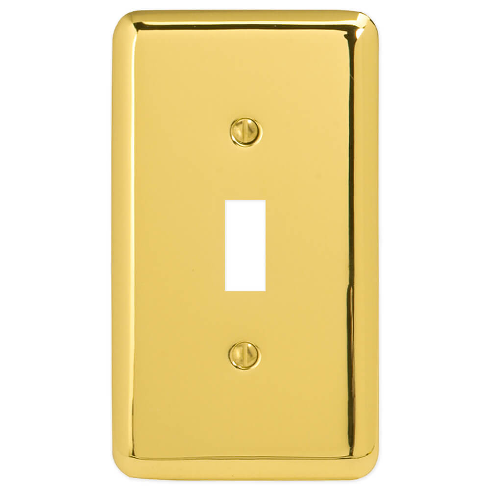 Devon polished brass light switch cover with a shiny, reflective surface in a rich golden tone. The cover features smooth, clean edges and a luxurious finish, adding a touch of elegance and sophistication to traditional and classic decor styles.