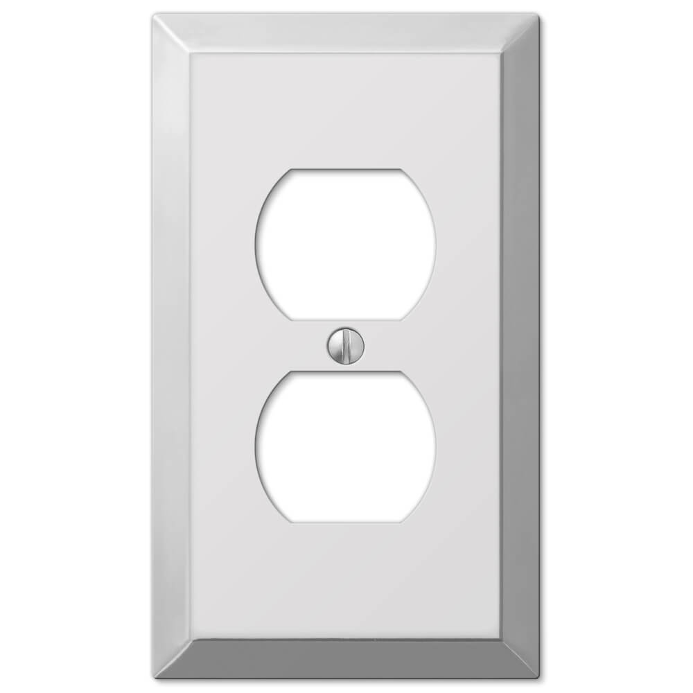 outlet wallplate with a polished chrome finish, featuring a shiny, reflective surface that adds a sleek, modern touch to any room with a clean and contemporary aesthetic