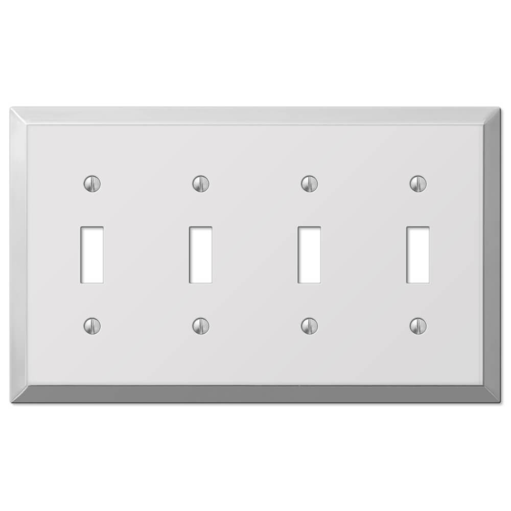 quadruple light switch cover with a polished chrome finish, featuring a shiny, reflective surface that adds a sleek, modern touch to any room with a clean and contemporary aesthetic