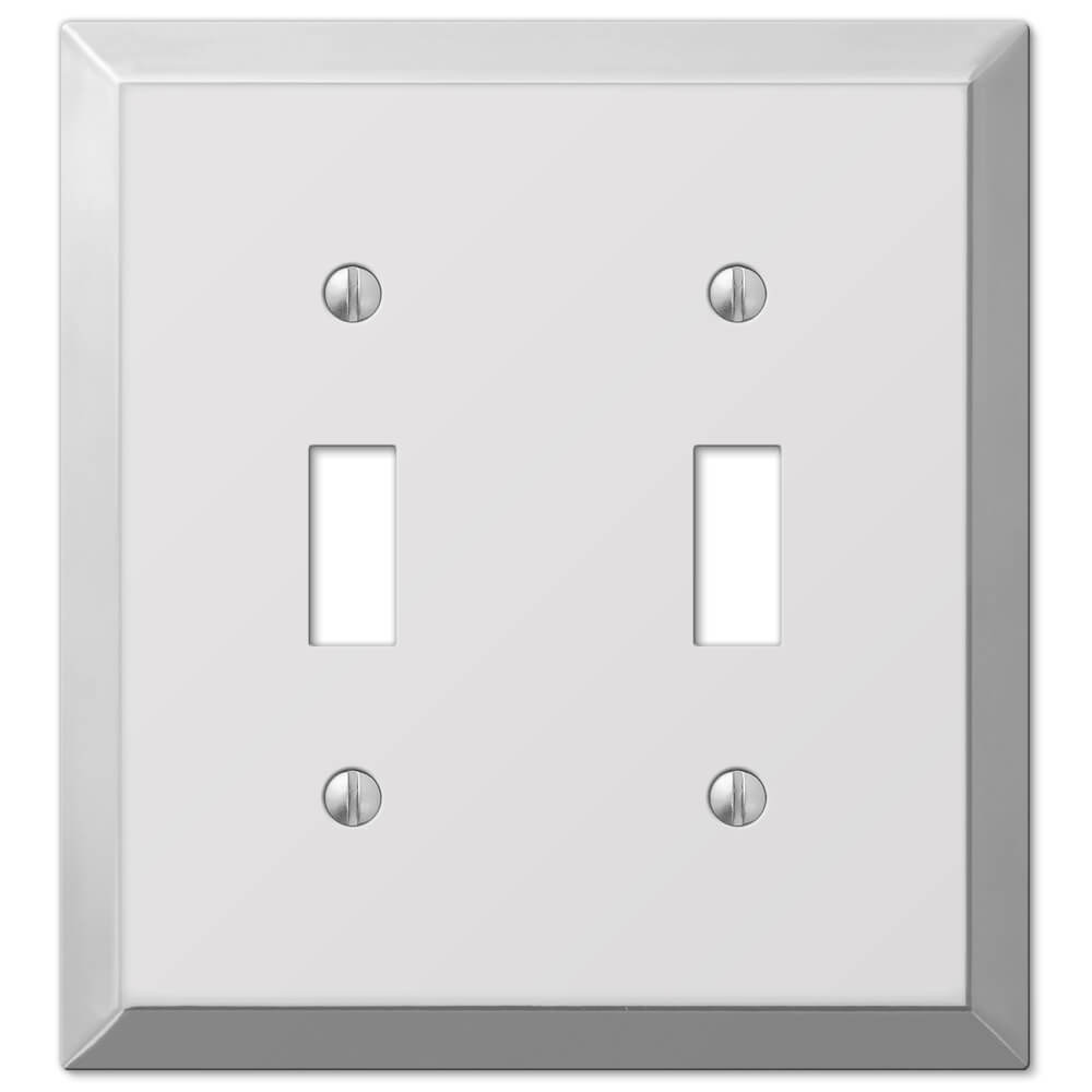 double light switch cover with a polished chrome finish, featuring a shiny, reflective surface that adds a sleek, modern touch to any room with a clean and contemporary aesthetic