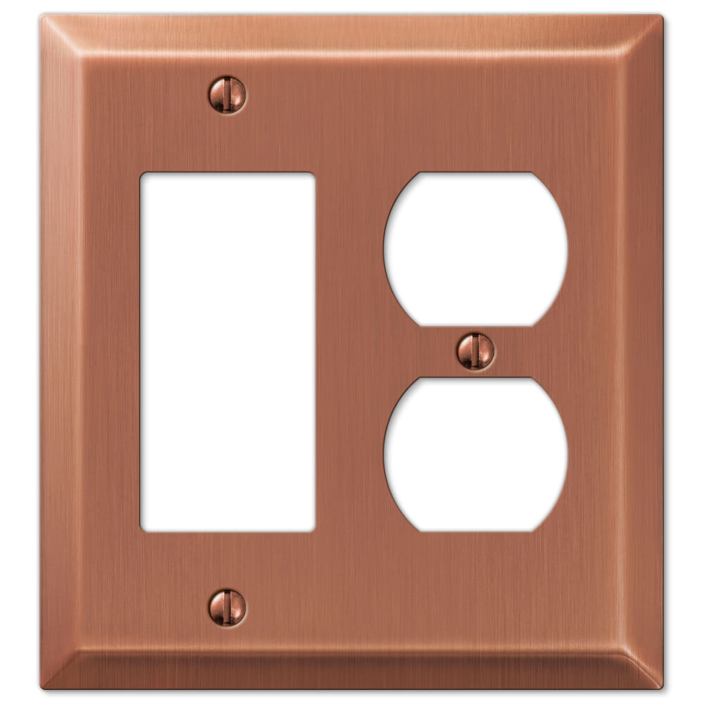 dimmer switch cover and outlet wallplate with an antique copper finish, showcasing a warm, reddish-brown tone with subtle patina and textured details, perfect for adding a timeless, rustic charm to any space