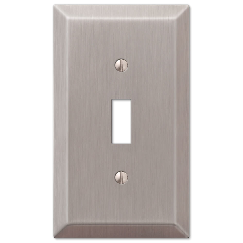 light switch cover with a brushed nickel finish, offering a sleek, matte silver appearance with fine horizontal lines for a modern, understated look that complements contemporary interiors