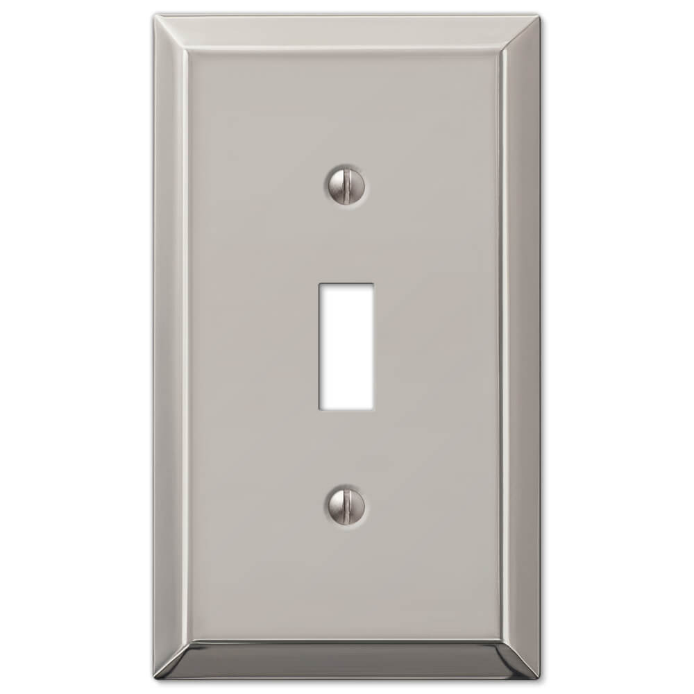 light switch cover with a polished nickel finish, offering a bright, reflective silver appearance that adds a sleek and sophisticated touch to modern interiors