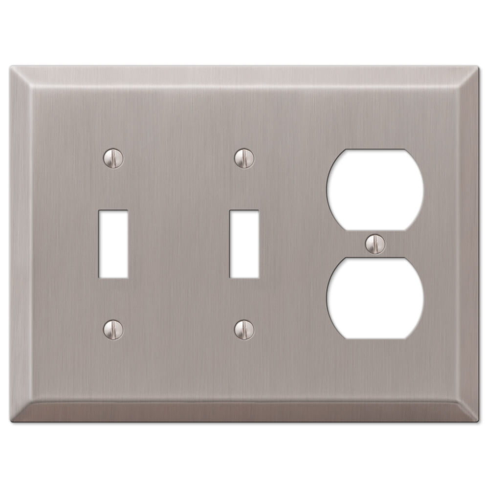 double light switch cover and outlet wallplate with a brushed nickel finish, offering a sleek, matte silver appearance with fine horizontal lines for a modern, understated look that complements contemporary interiors