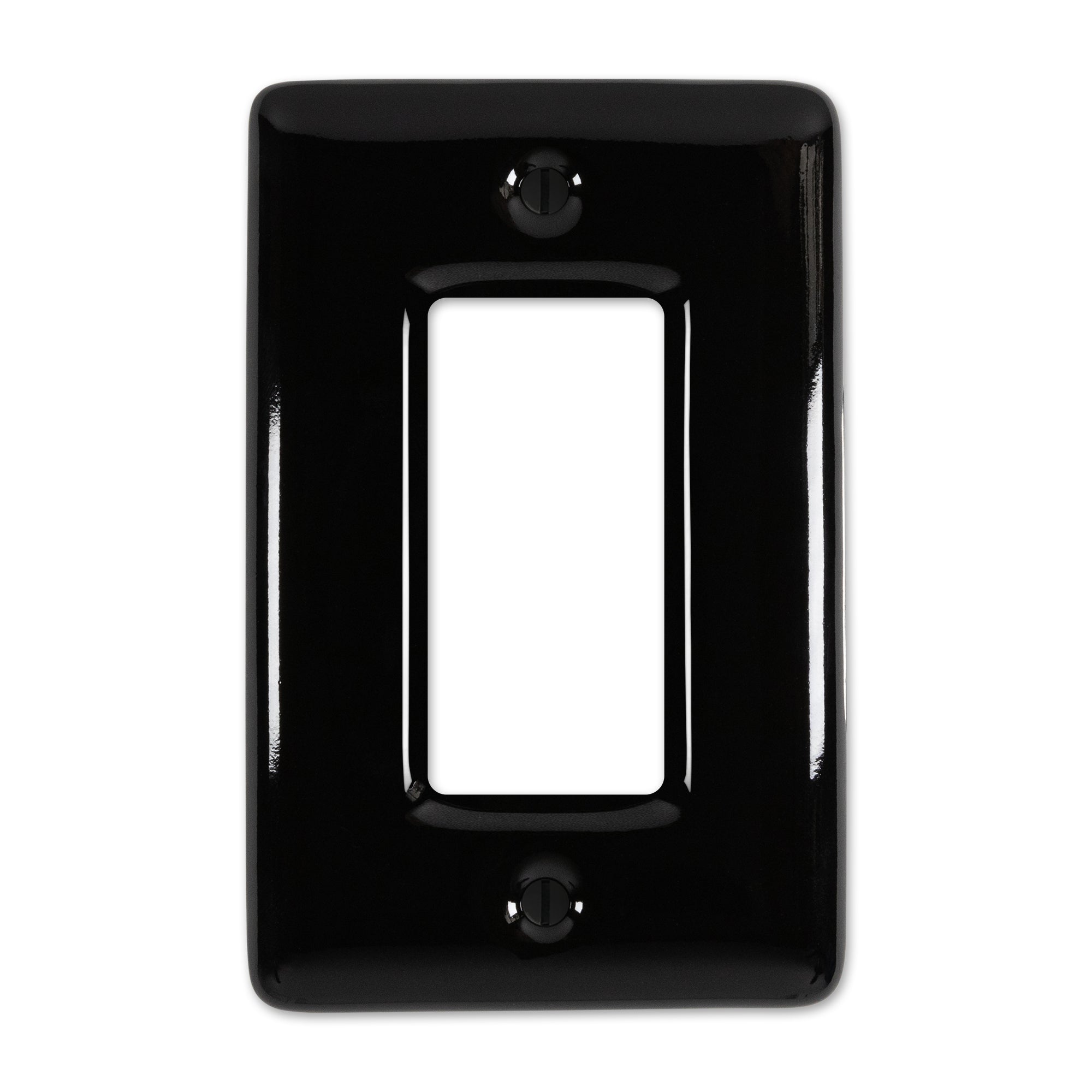 Metro-style dimmer wallplate in a black color, with a sleek, modern design and shiny finish, offering a subtle and stylish accent for contemporary interiors.
