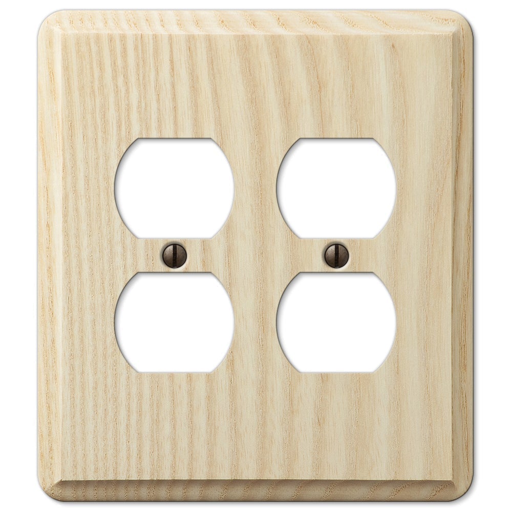 unfinished wood double outlet wallplate showcasing a raw, natural wood grain with a light, untreated finish. The smooth yet rustic texture offers a versatile and customizable option, allowing you to stain or paint to match any decor, or leave as-is for a simple, natural look