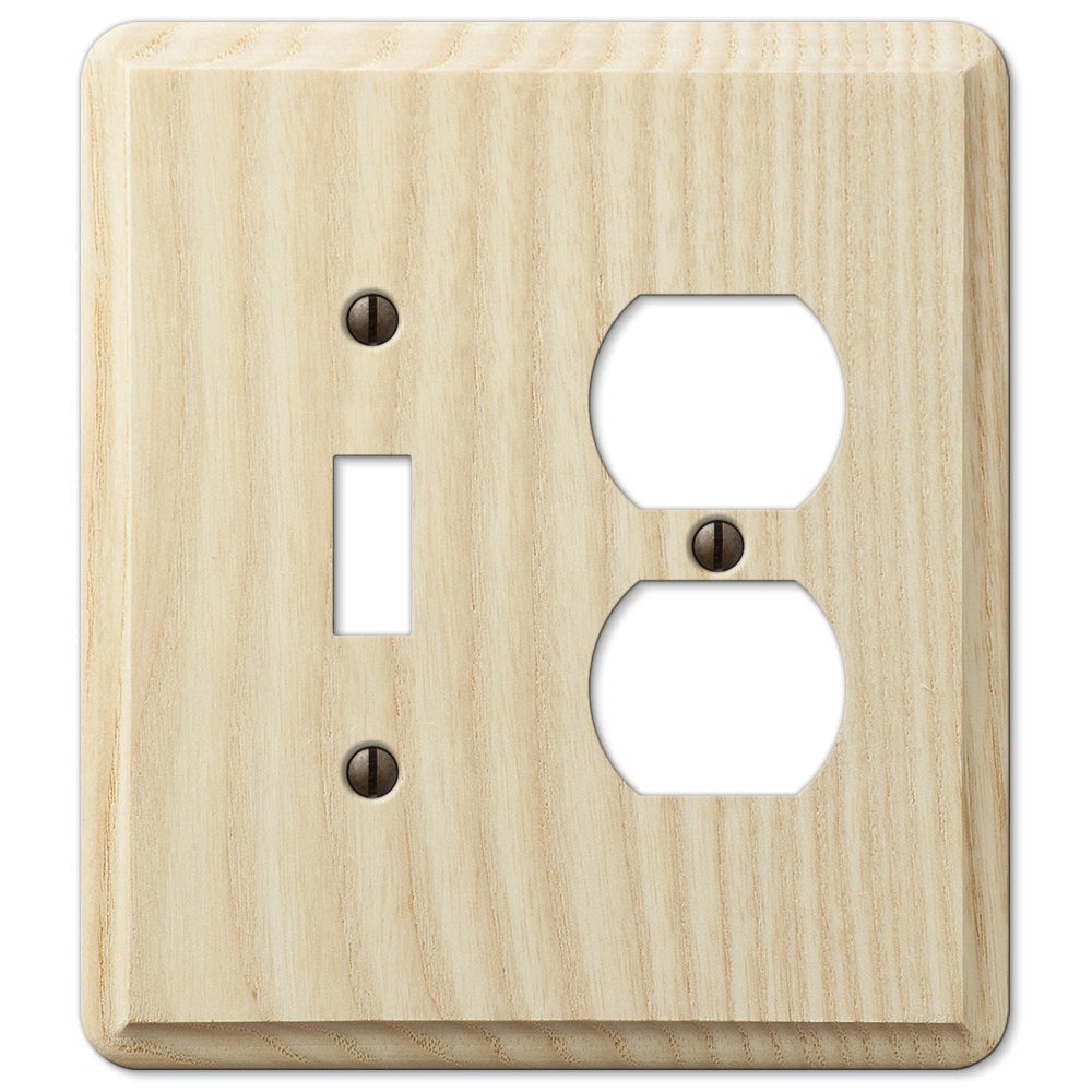 unfinished wood light switch and outlet wallplate showcasing a raw, natural wood grain with a light, untreated finish. The smooth yet rustic texture offers a versatile and customizable option, allowing you to stain or paint to match any decor, or leave as-is for a simple, natural look