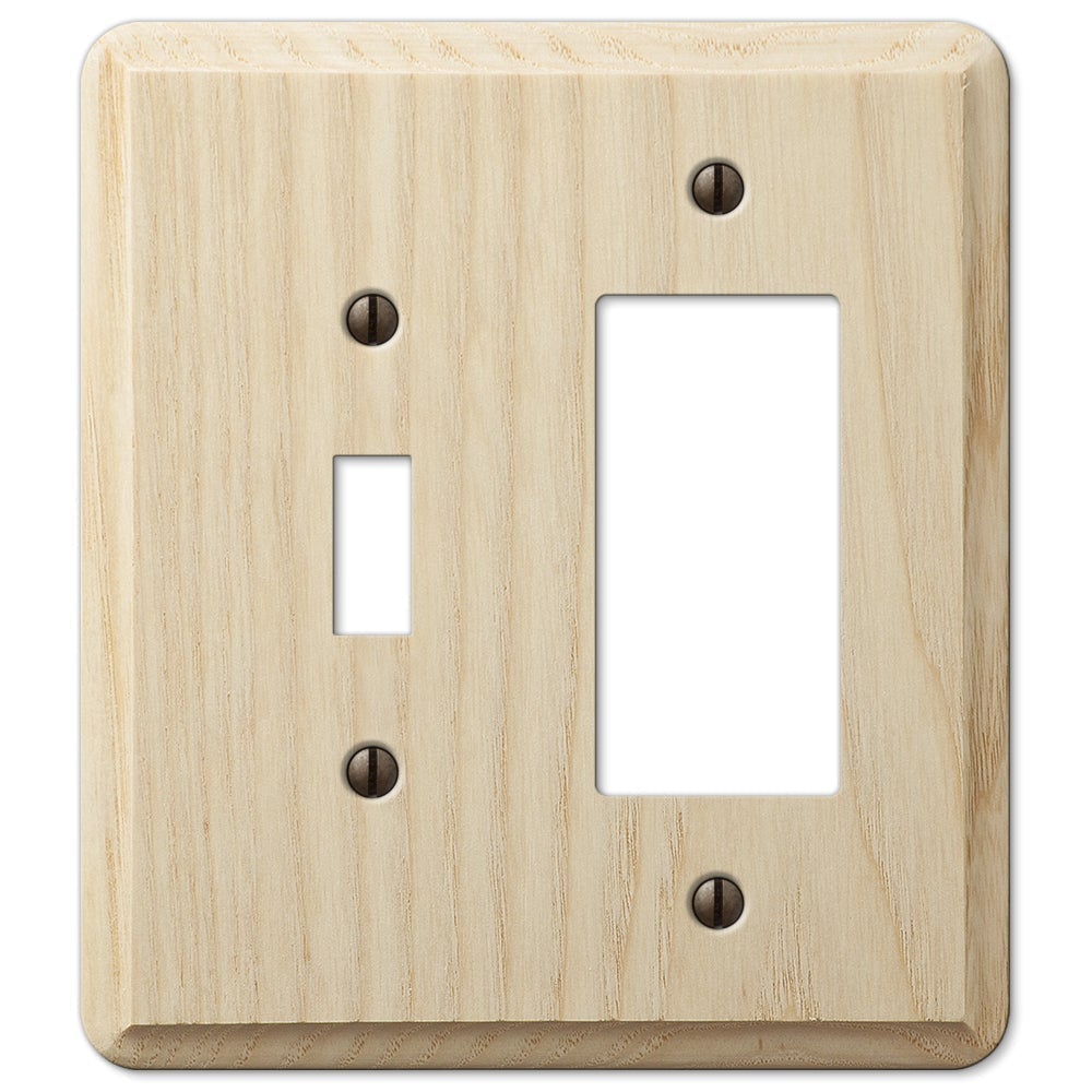 unfinished wood light switch and dimmer wallplate showcasing a raw, natural wood grain with a light, untreated finish. The smooth yet rustic texture offers a versatile and customizable option, allowing you to stain or paint to match any decor, or leave as-is for a simple, natural look