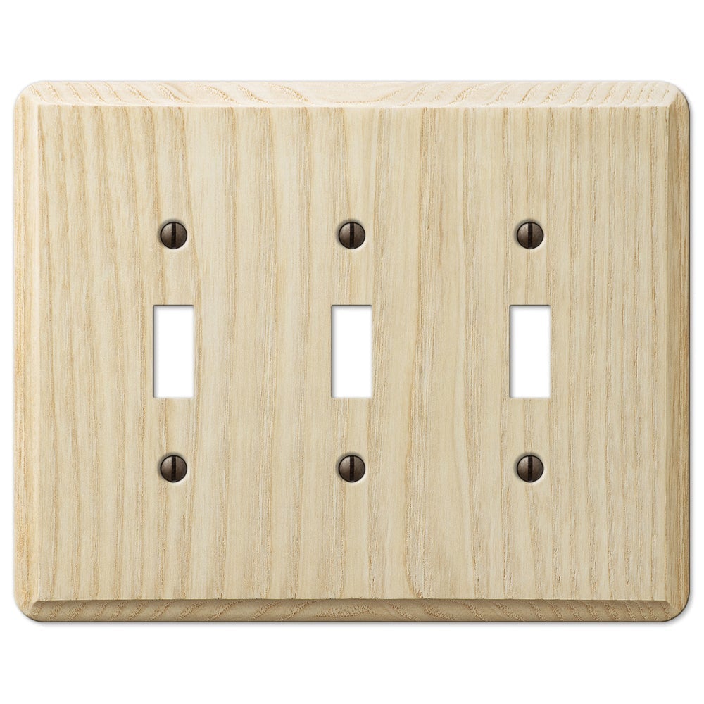 unfinished wood triple light switch wallplate showcasing a raw, natural wood grain with a light, untreated finish. The smooth yet rustic texture offers a versatile and customizable option, allowing you to stain or paint to match any decor, or leave as-is for a simple, natural look