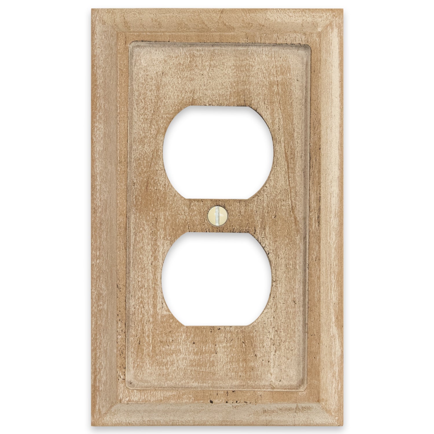 Weathered white outlet wallplate with a rustic, distressed finish. The cover has a vintage, aged look with subtle texture variations in white and light gray tones, adding character and charm to farmhouse or shabby-chic decor styles.