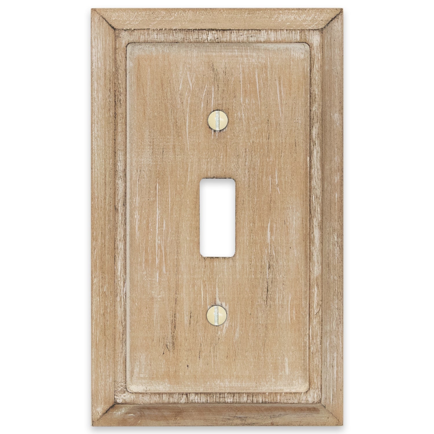 Weathered white light switch wallplate with a rustic, distressed finish. The cover has a vintage, aged look with subtle texture variations in white and light gray tones, adding character and charm to farmhouse or shabby-chic decor styles.