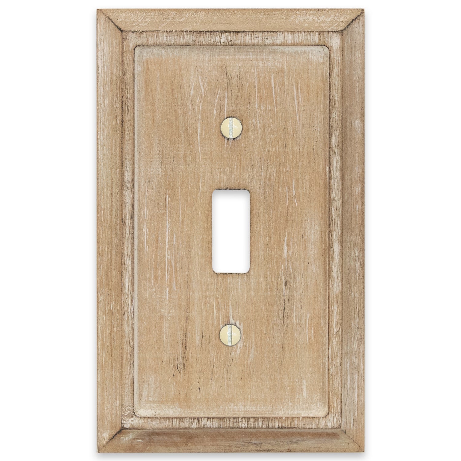 Weathered white light switch cover with a rustic, distressed finish. The cover has a vintage, aged look with subtle texture variations in white and light gray tones, adding character and charm to farmhouse or shabby-chic decor styles.