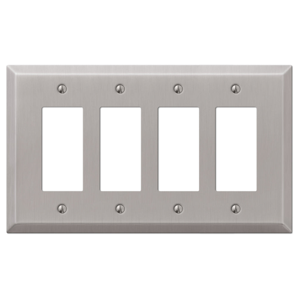 An oversized brushed nickel quadruple outlet wallplate, showcasing a sleek, matte finish with a subtle, satin sheen, offering a modern and refined look to the switch.