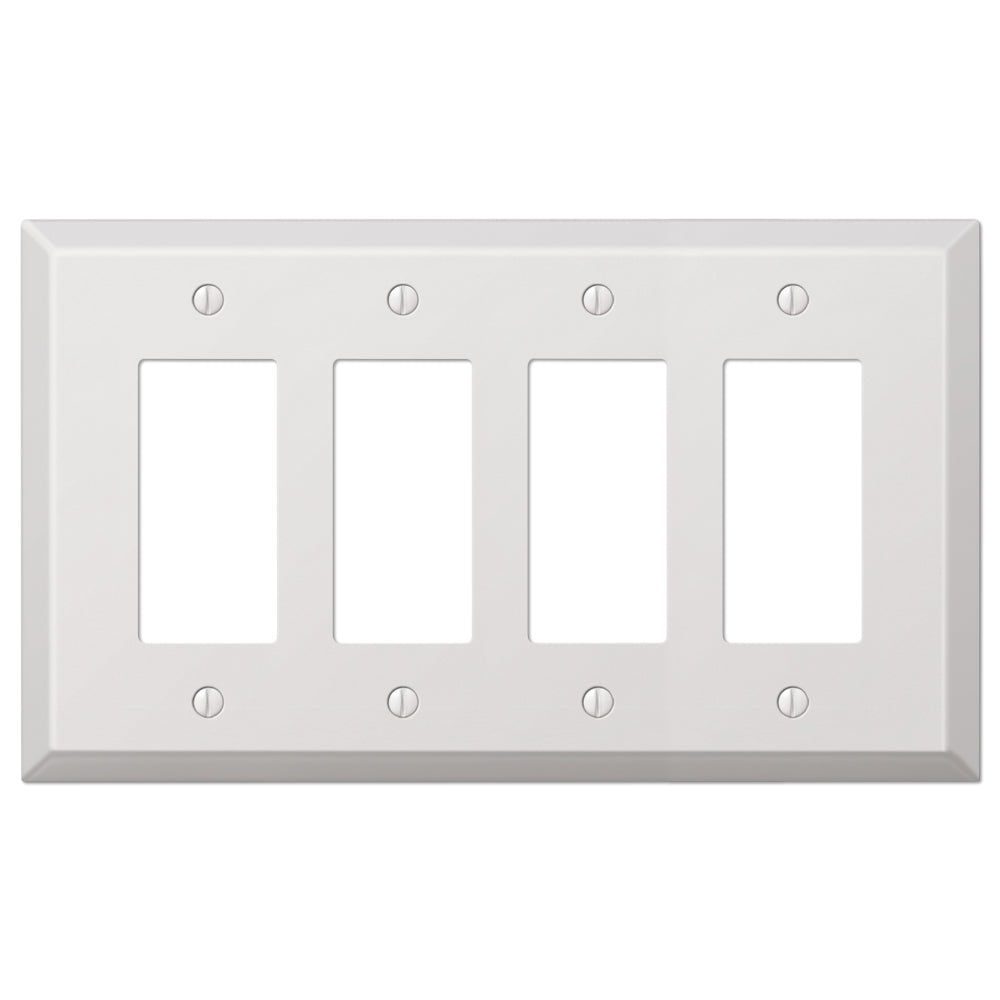 An oversized quadruple dimmer wallplate in smooth white, featuring a clean, minimalist design that adds a fresh and contemporary touch to the switch, blending seamlessly with light-colored walls.