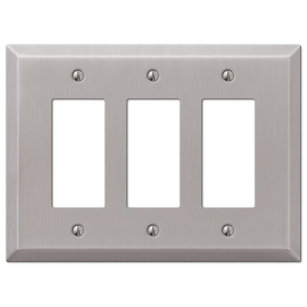 An oversized brushed nickel triple dimmer wallplate, showcasing a sleek, matte finish with a subtle, satin sheen, offering a modern and refined look to the switch.