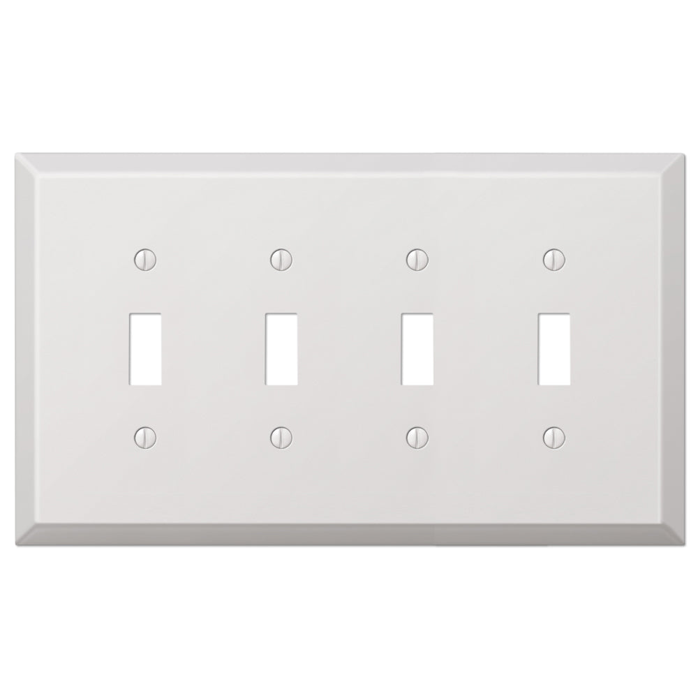 An oversized quadruple light switch cover in smooth white, featuring a clean, minimalist design that adds a fresh and contemporary touch to the switch, blending seamlessly with light-colored walls.