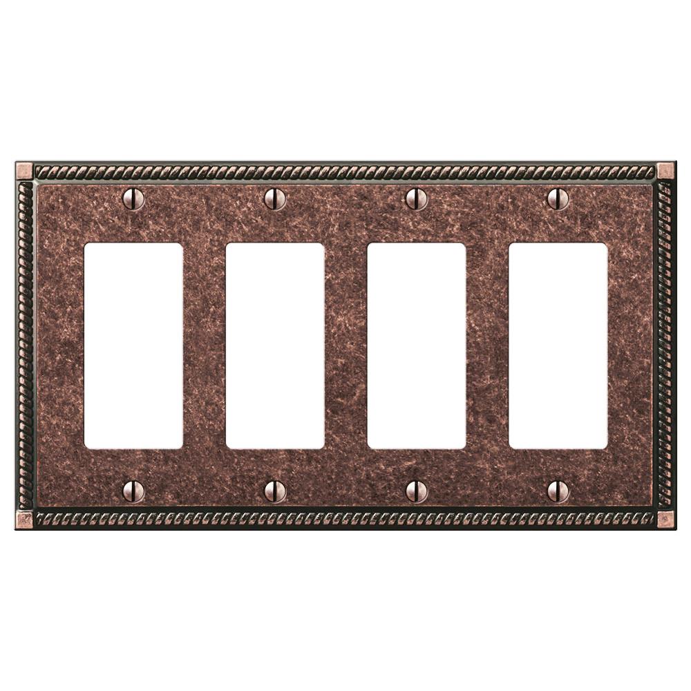 Georgian tumbled aged bronze quadruple dimmer wallplate featuring a classic design with a rich, textured bronze finish, adding a touch of timeless elegance and rustic charm to your décor.