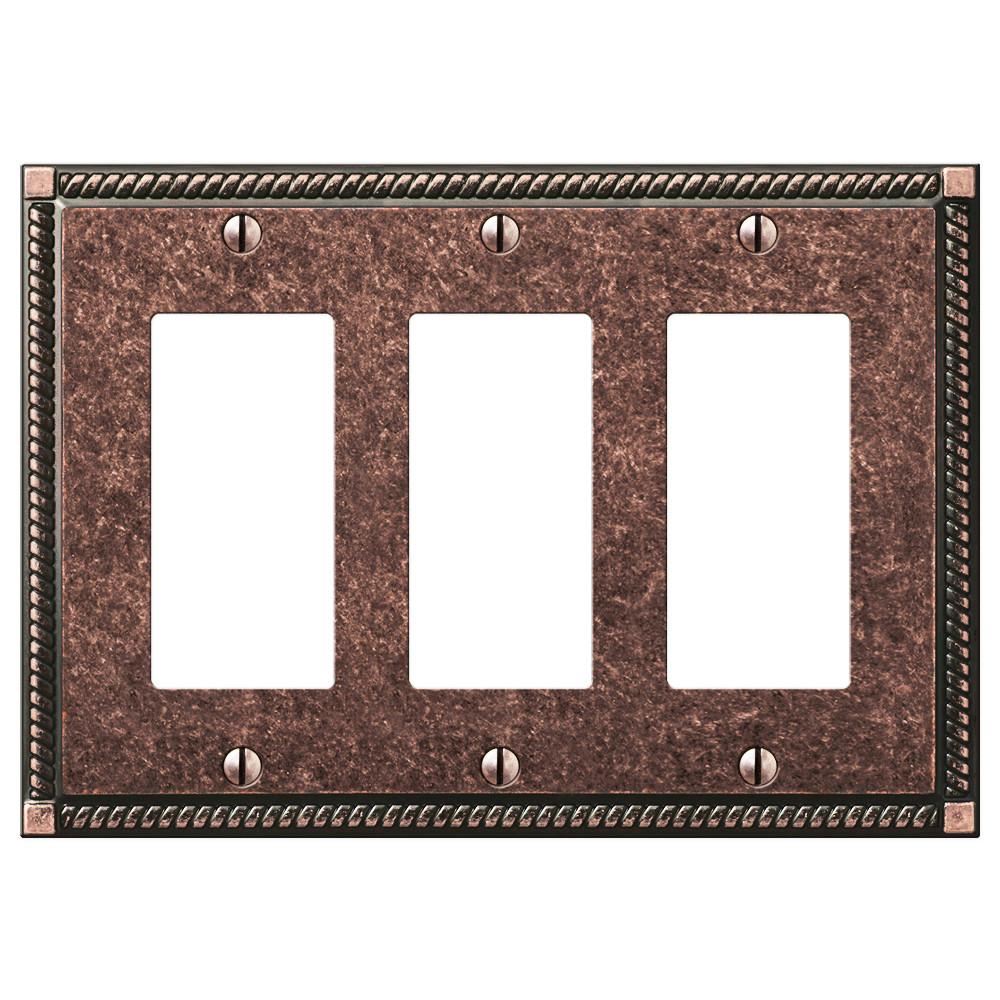 Georgian tumbled aged bronze triple dimmer wallplate featuring a classic design with a rich, textured bronze finish, adding a touch of timeless elegance and rustic charm to your décor.