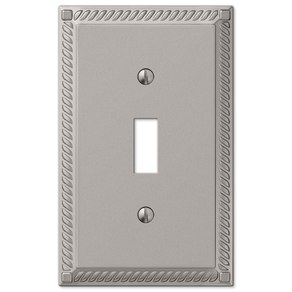 decorative satin nickel light switch cover with a sleek, modern design and a smooth, brushed finish, offering a refined and contemporary accent to your décor.