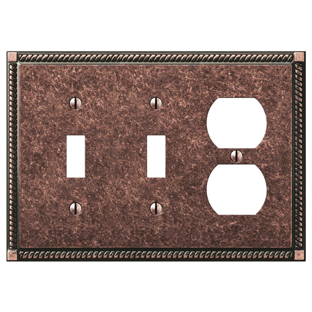 Georgian tumbled aged bronze double light switch and outlet wallplate featuring a classic design with a rich, textured bronze finish, adding a touch of timeless elegance and rustic charm to your décor.