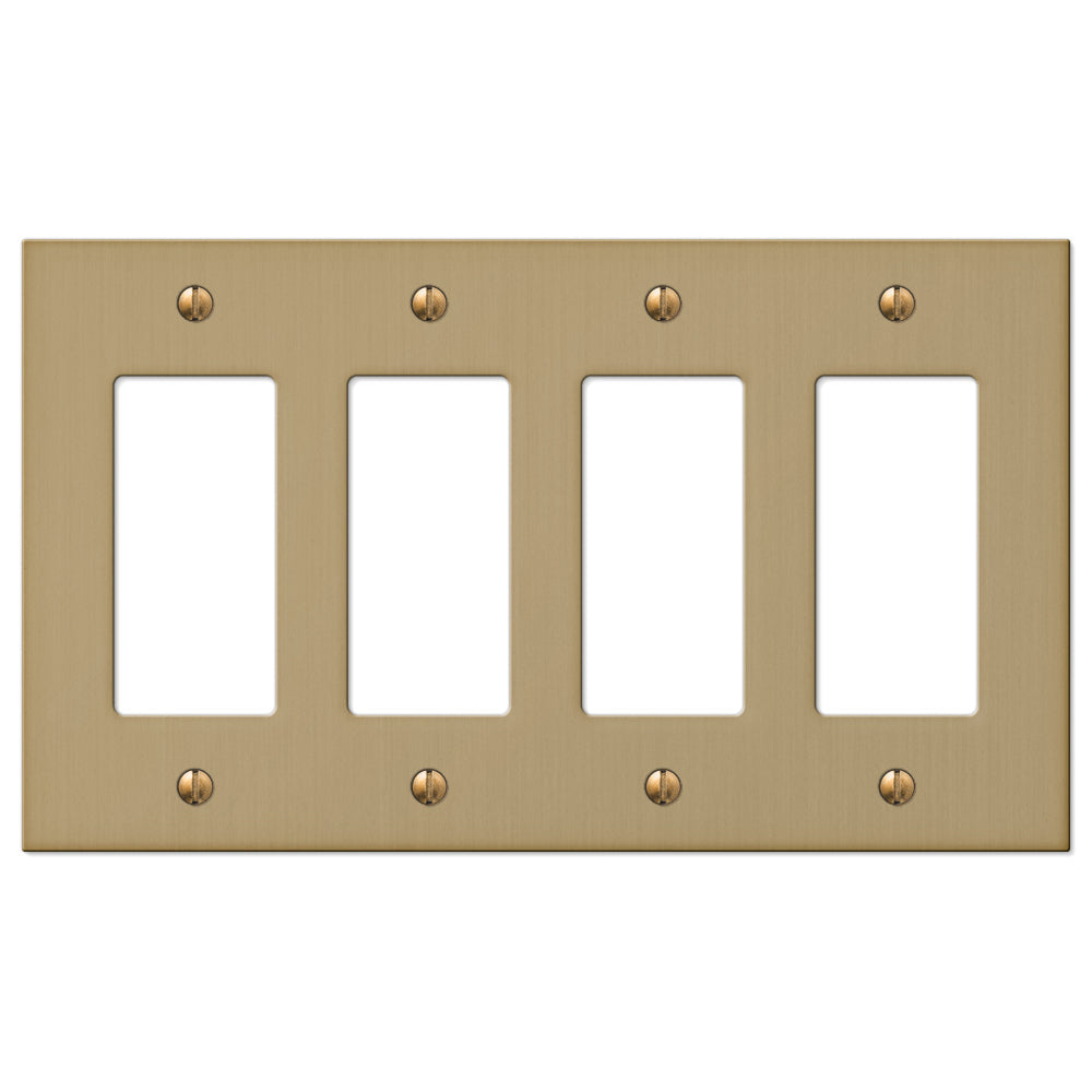 A brushed bronze quadruple dimmer wallplate from the Elan collection, showcasing a warm, satin finish with soft highlights that emphasize its sophisticated design. The gently brushed texture lends a subtle depth, while its timeless style exudes understated elegance.