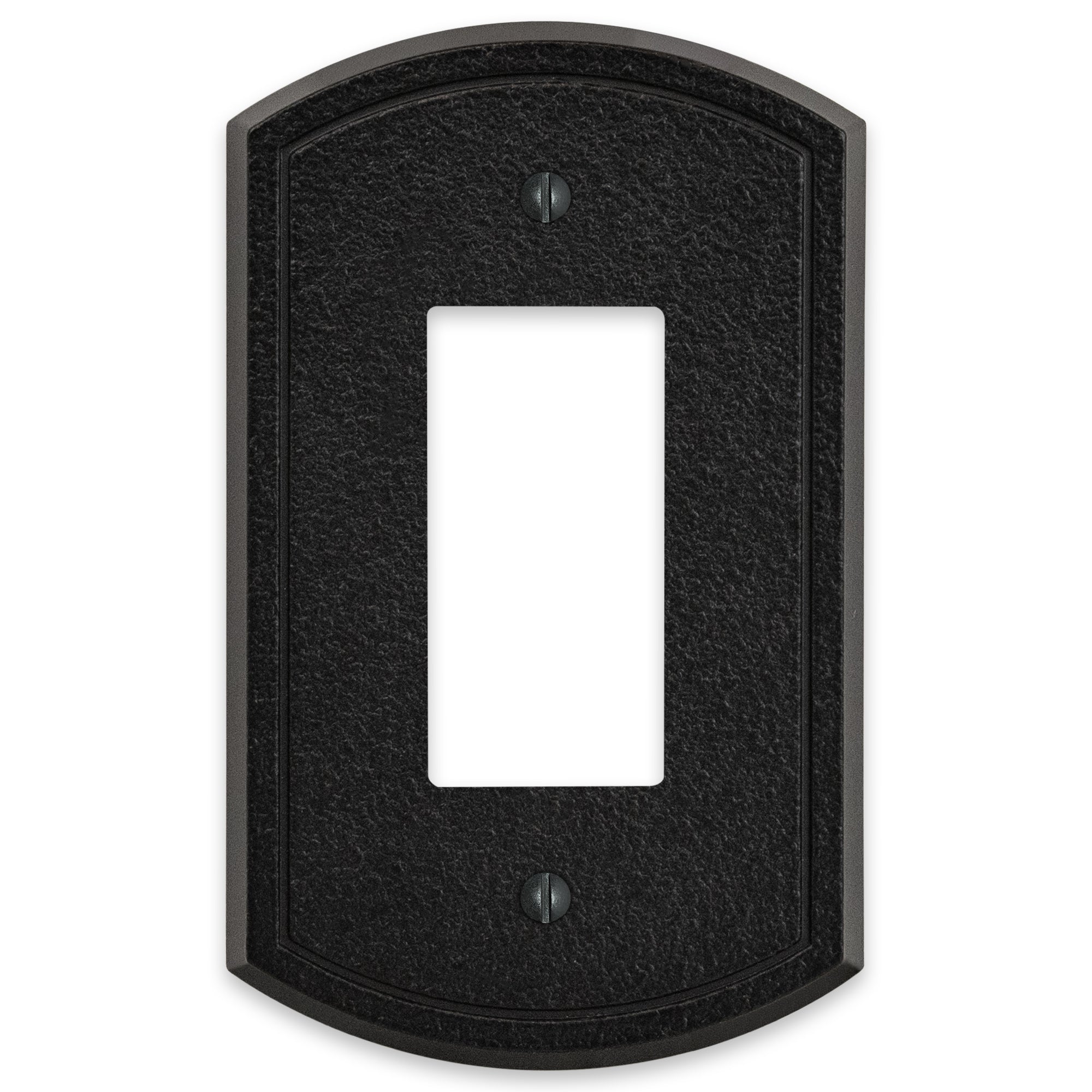 Black iron dimmer wallplate with a rugged, textured surface and a sturdy, industrial design, bringing a bold, rustic accent to the room.