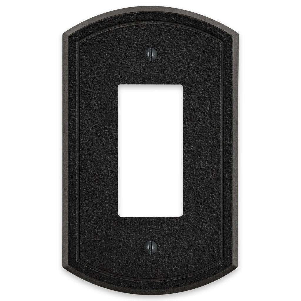 Black iron dimmer wallplate with a rugged, textured surface and a sturdy, industrial design, bringing a bold, rustic accent to the room.