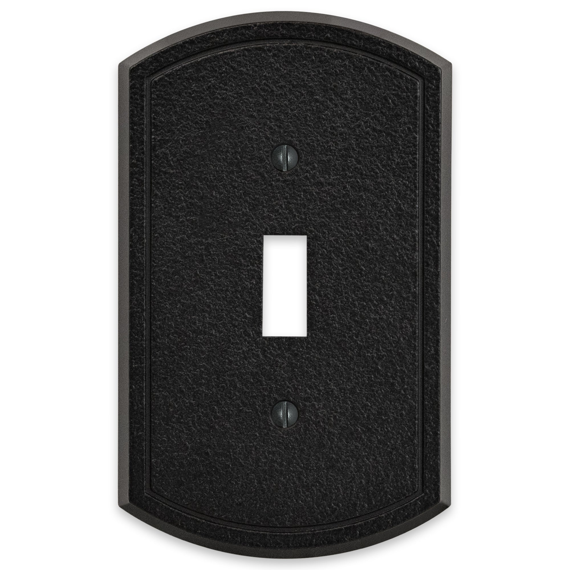 Black iron light switch cover with a rugged, textured surface and a sturdy, industrial design, bringing a bold accent to the room.