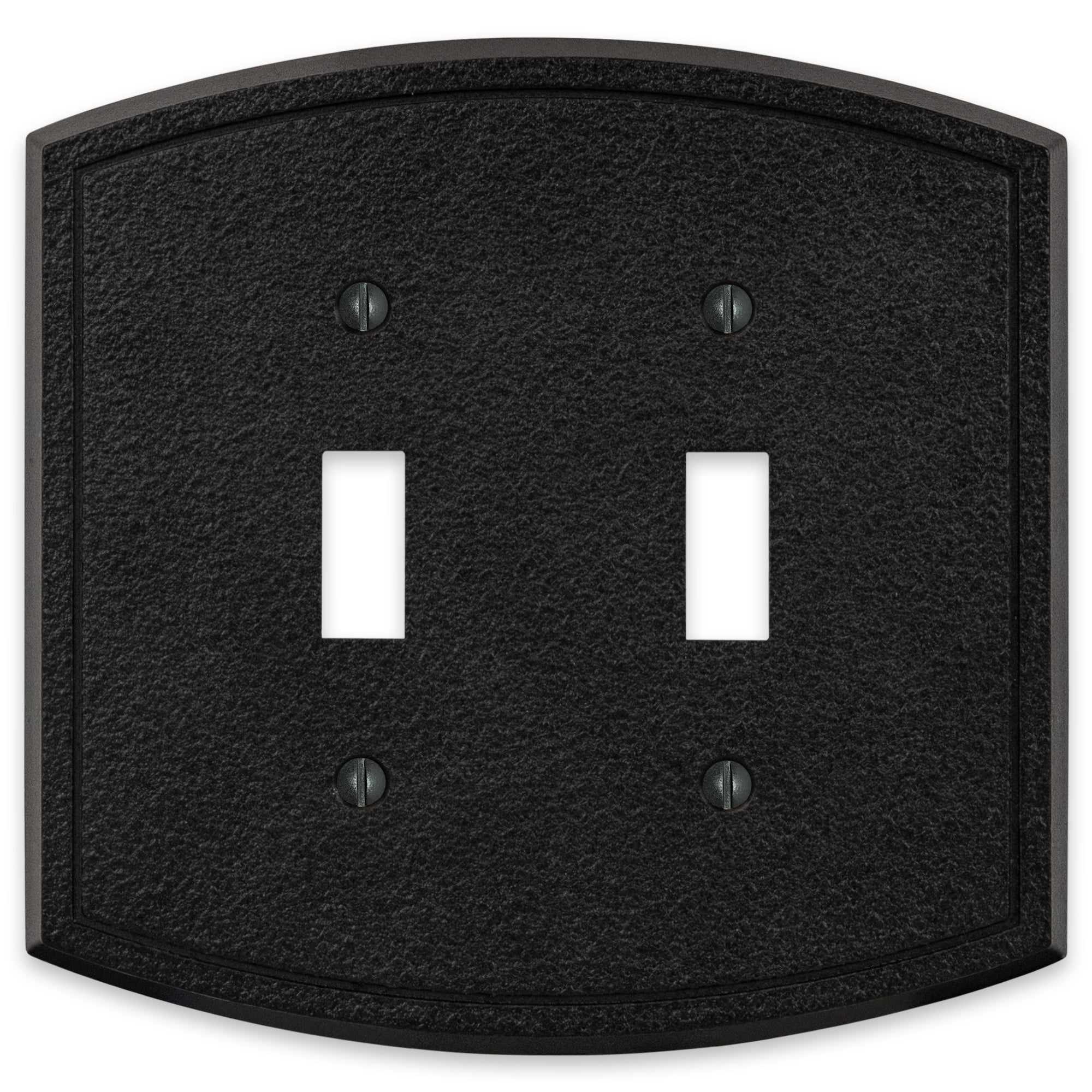 Black iron double light switch cover with a rugged, textured surface and a sturdy, industrial design, bringing a bold, rustic accent to the room.