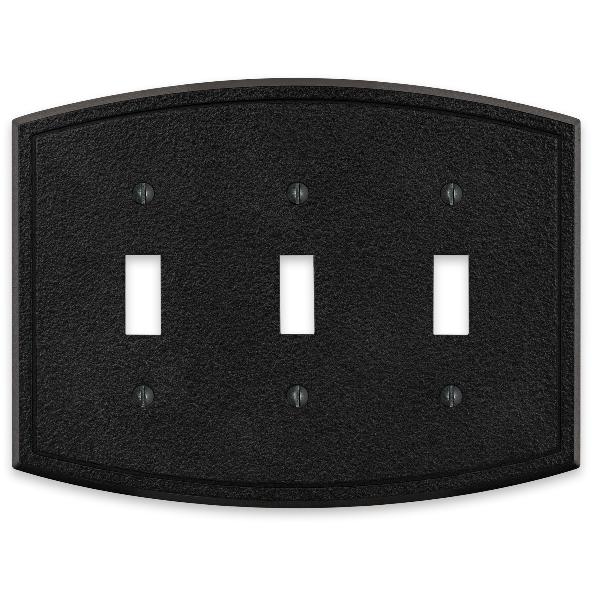 Black iron triple light switch cover with a rugged, textured surface and a sturdy, industrial design, bringing a bold, rustic accent to the room.