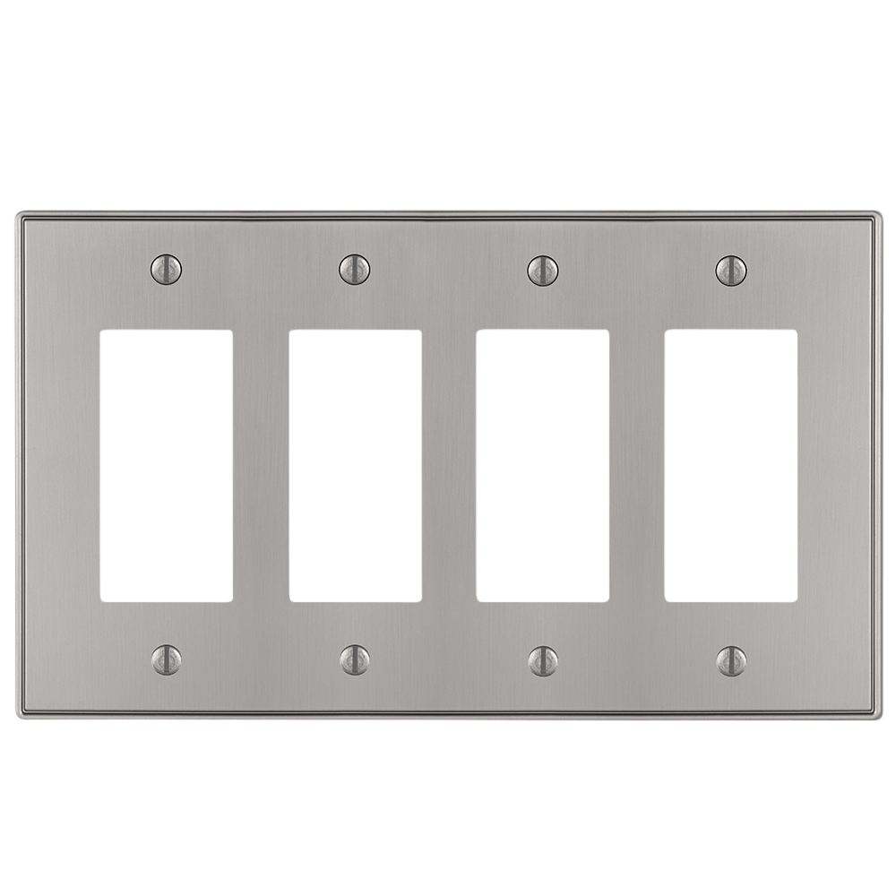 The Halle brushed nickel qudaruple dimmer wallplate showcases a sleek, modern design with smooth edges and a soft, satin-like finish, ideal for enhancing contemporary or transitional interiors with a polished touch.