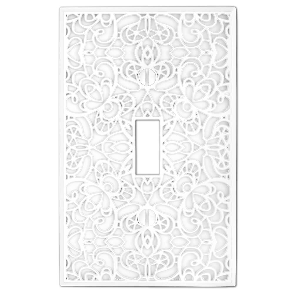 Momfort White Light Switch Cover – Classic and intricate wall plate with a white finish, complementing any decor style.