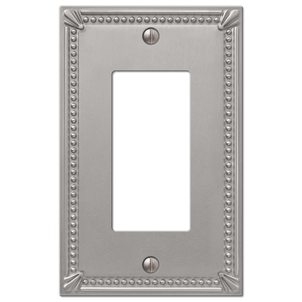 Stylish brushed nickel imperial bead dimmer wallplate by Amerelle Wallplates, showcasing a sleek finish and a refined beaded border for a modern yet classic touch.