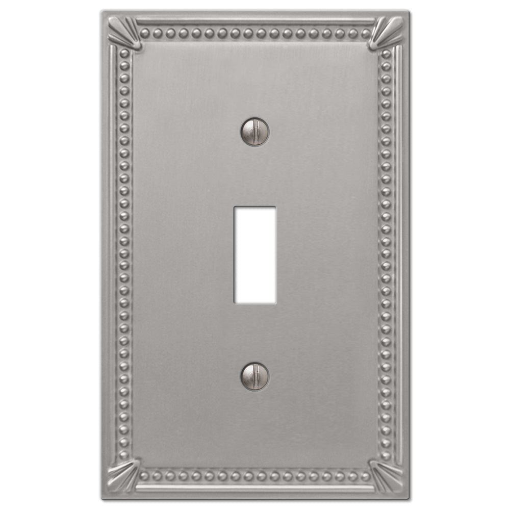 Stylish brushed nickel imperial bead light switch cover by Amerelle Wallplates, showcasing a sleek finish and a refined beaded border for a modern yet classic touch.