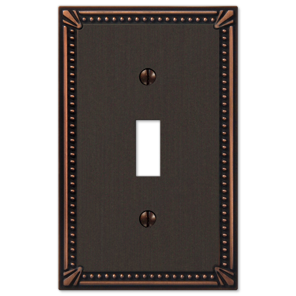 Decorative aged bronze imperial bead light switch cover by Amerelle Wallplates, featuring an elegant beaded border design with a timeless, vintage-inspired finish.