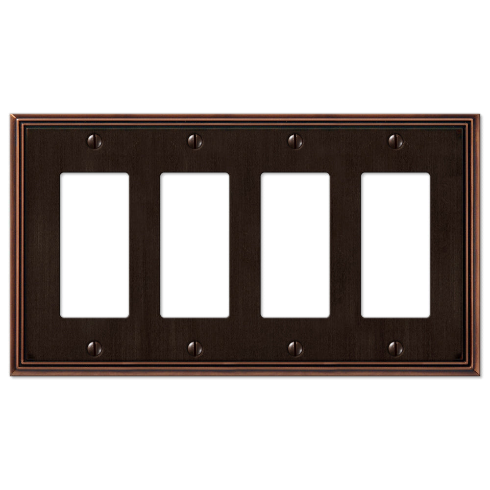 Metro Line quadruple dimmer wallplate in aged bronze, featuring a textured, antique finish with a refined, industrial design, adding a vintage touch to modern or rustic decor.