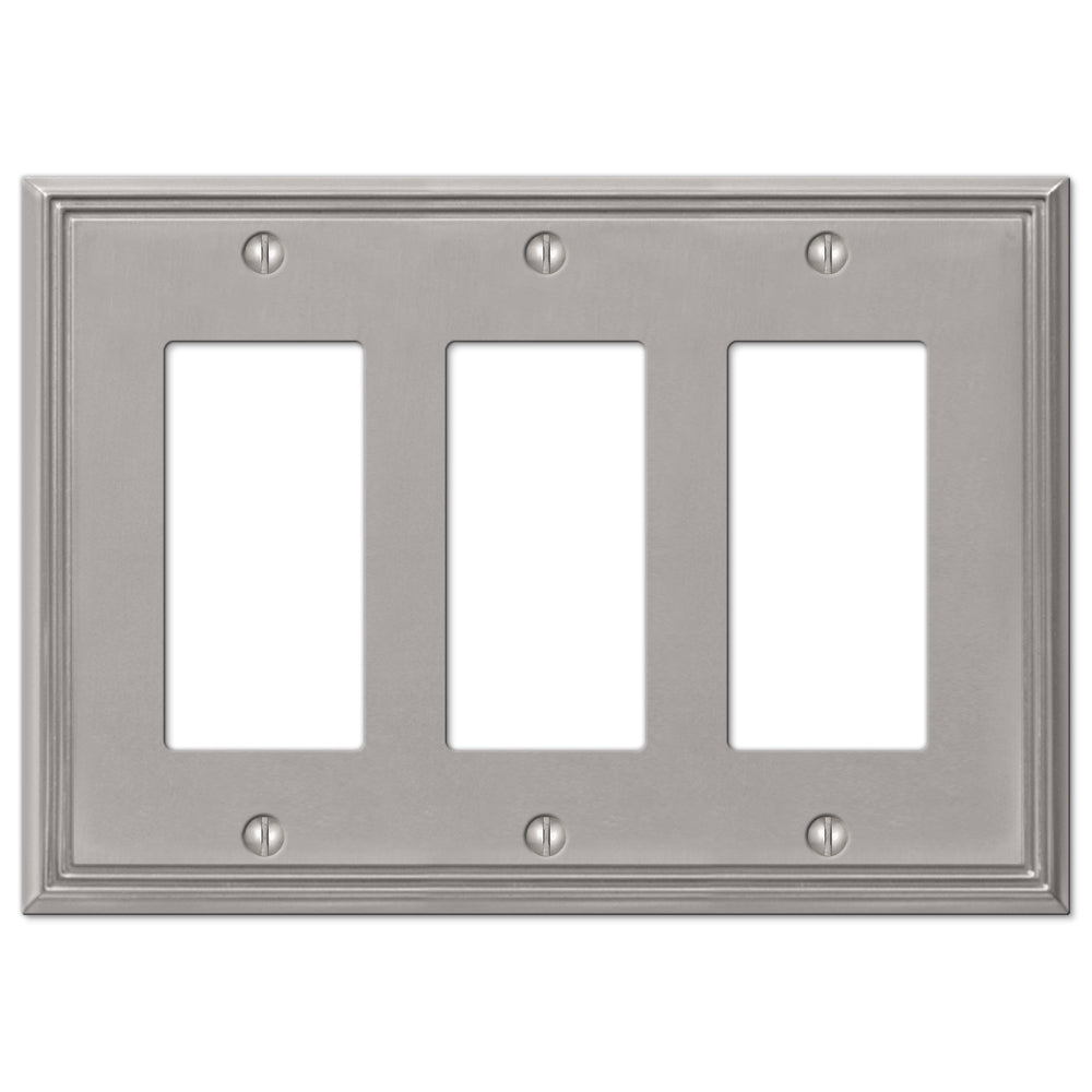 Metro Line triple dimmer wallplate in brushed nickel, with a sleek, satin finish and minimalist design, offering a contemporary, polished look that complements modern interiors.