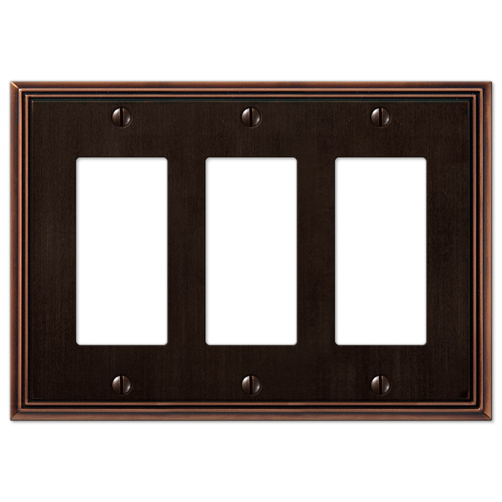 Metro Line triple dimmer wallplate in aged bronze, featuring a textured, antique finish with a refined, industrial design, adding a vintage touch to modern or rustic decor.