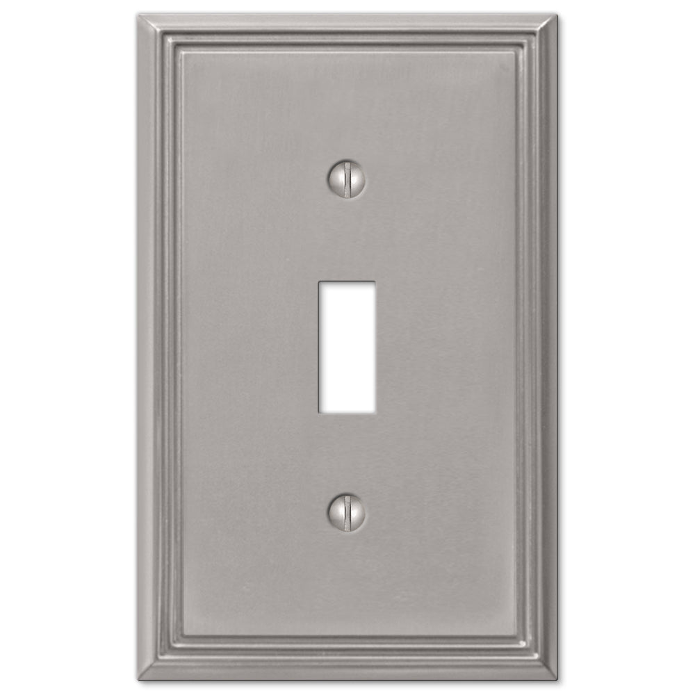 Metro Line light switch cover in brushed nickel, with a sleek, satin finish and minimalist design, offering a contemporary, polished look that complements modern interiors.