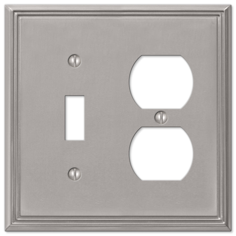 Metro Line light switch and outlet wallplate in brushed nickel, with a sleek, satin finish and minimalist design, offering a contemporary, polished look that complements modern interiors.